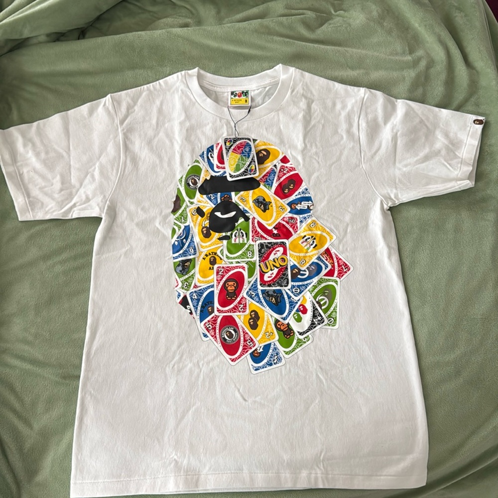 NEW & RARE!!!   BAPE X UNO APE HEAD TEE WHITE & playing cards.
